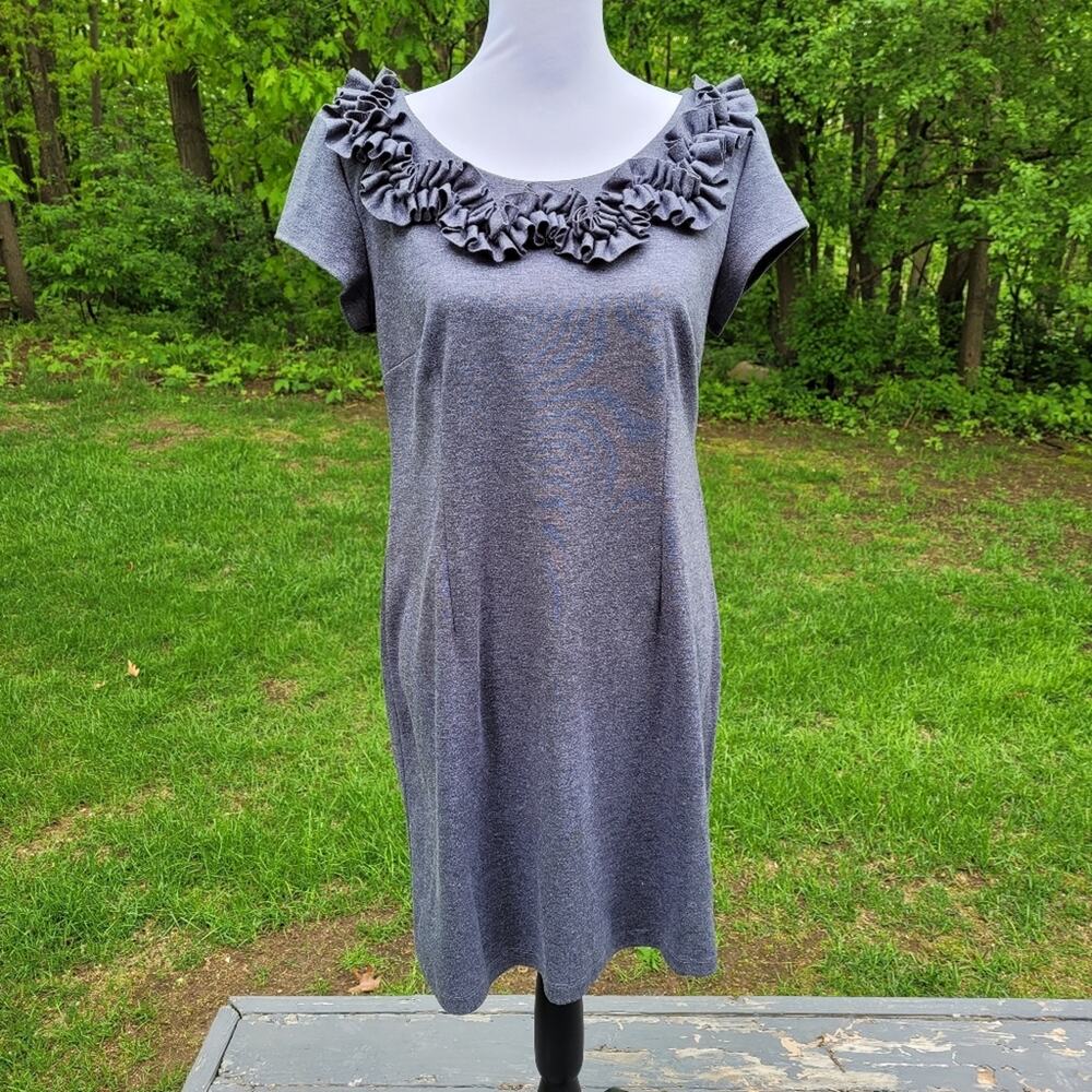 Tiana B. Grey Knit Dress with Ruffle Neckline size Petite Medium